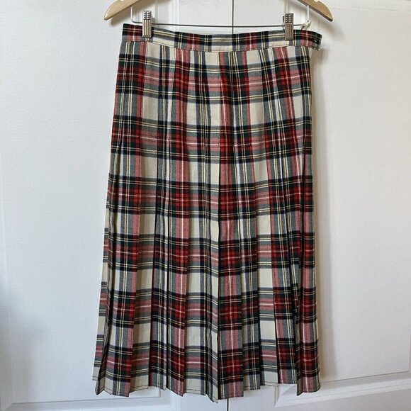 Vintage Plaid Kilt Skirt Womens 26" Wool Red White Tartan Pleated Long Holiday - Picture 1 of 6